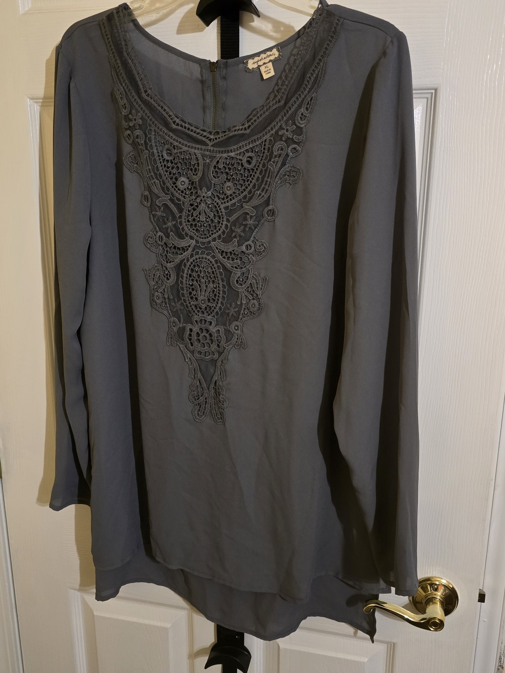 Eyeshadow Charcoal Gray Lace-Front Long Sleeve Blouse